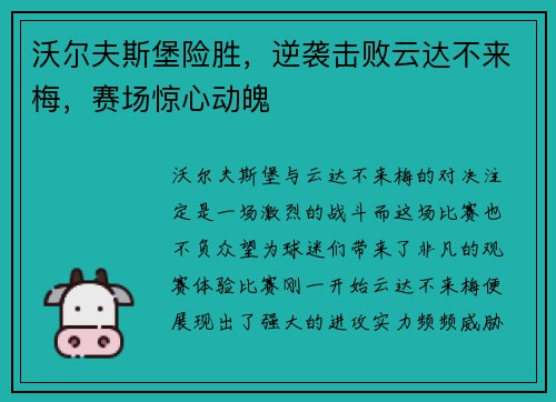 沃尔夫斯堡险胜，逆袭击败云达不来梅，赛场惊心动魄