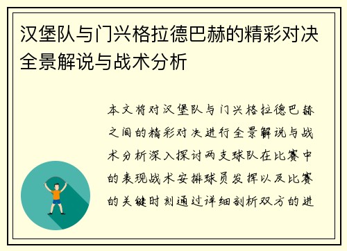 汉堡队与门兴格拉德巴赫的精彩对决全景解说与战术分析